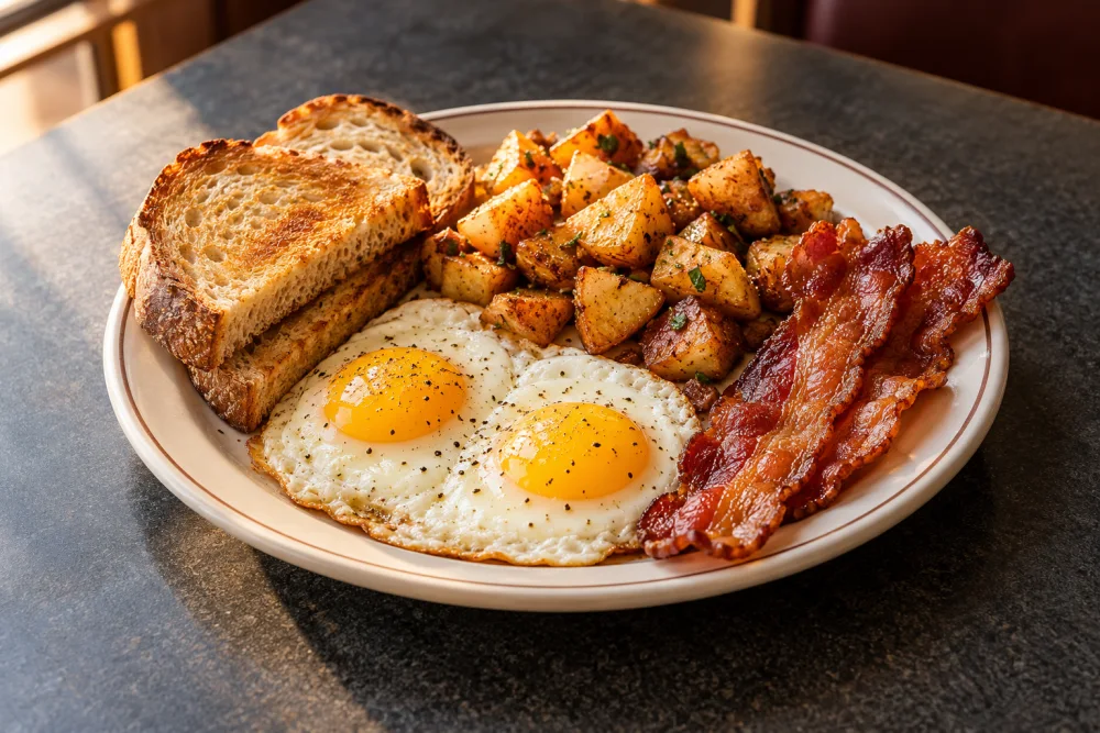 Sunny side up eggs with bacon, breakfast potatoes and toast.