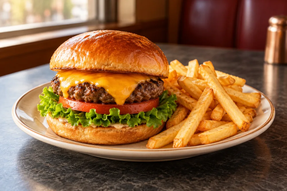 Cheeseburger with cheddar, lettuce, tomato and golden fries.
