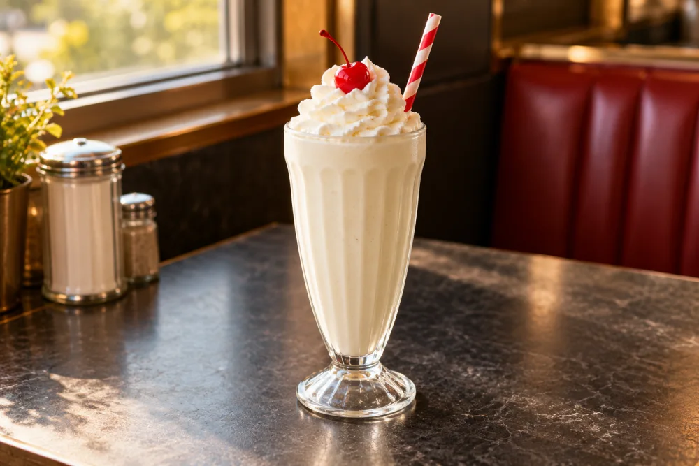 Vanilla milkshake topped with whipped cream and a cherry.